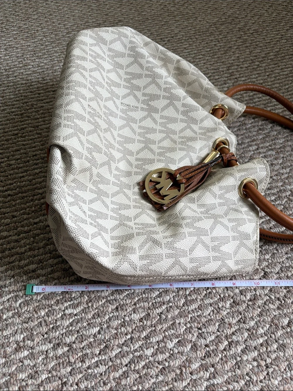 Michael Kors Cream MK Logo Ring Tote with Brown Leather Handles